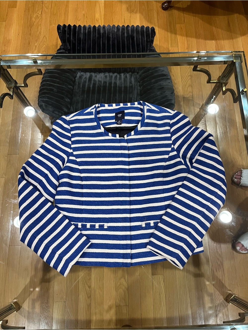 Gap Blue & White Striped Collarless Knit Blazer
